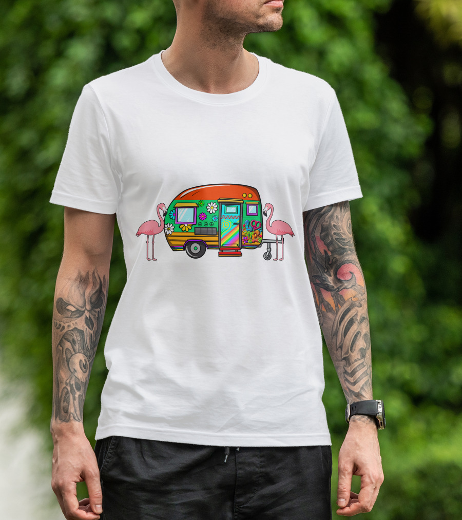 Flamingo Camping Retro Floral Caravan T-Shirt