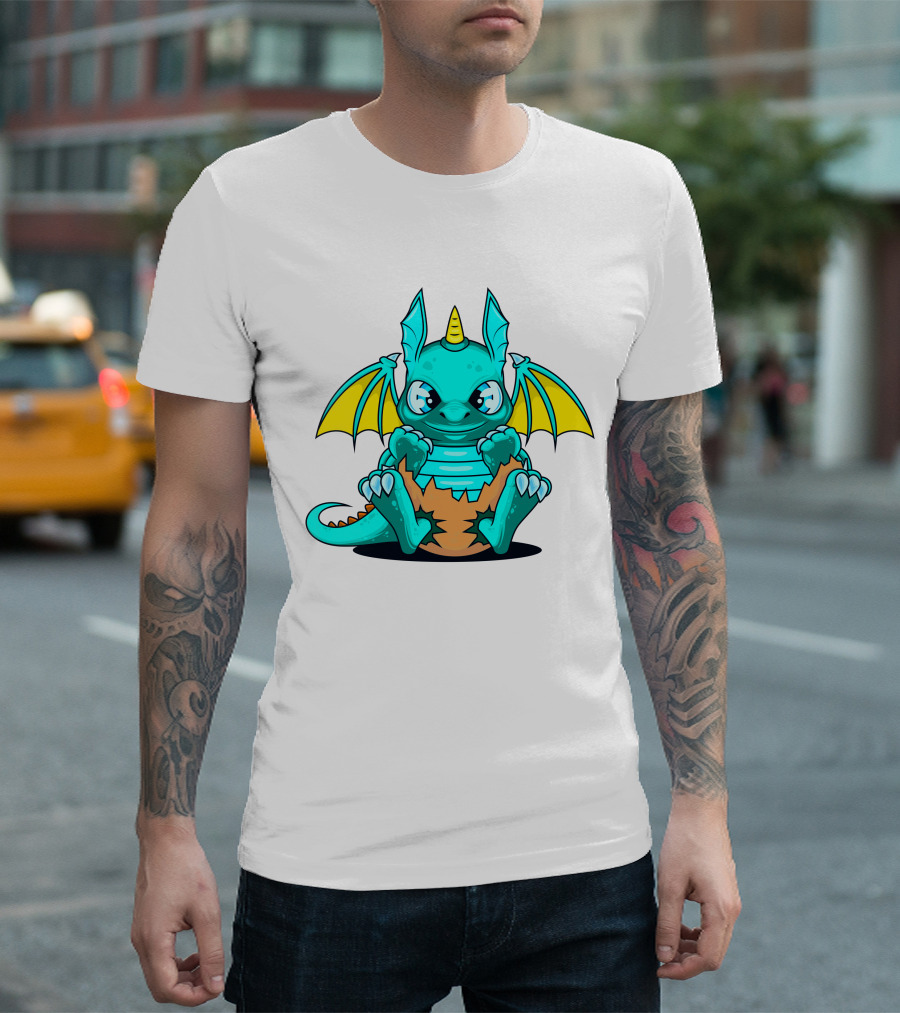 Cool Baby Dragon With Horns Sitting on Eggshell T-Shirt