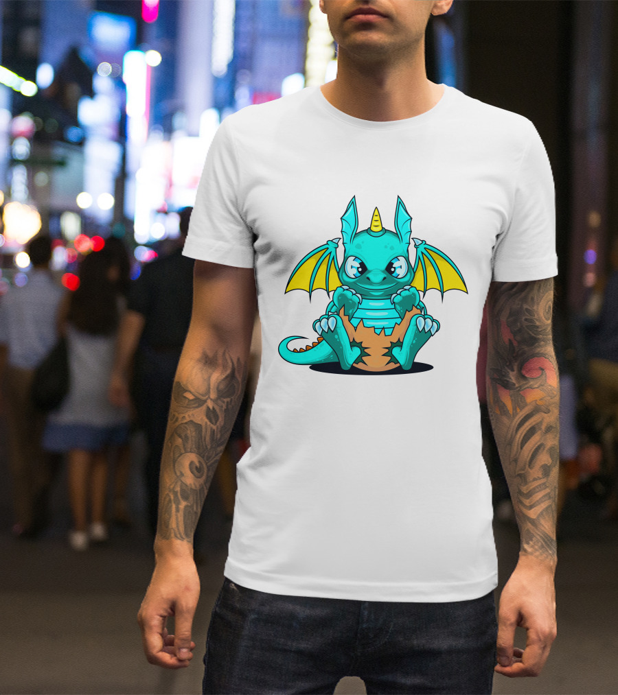 Cool Baby Dragon With Horns Sitting On Eggshell T-Shirt