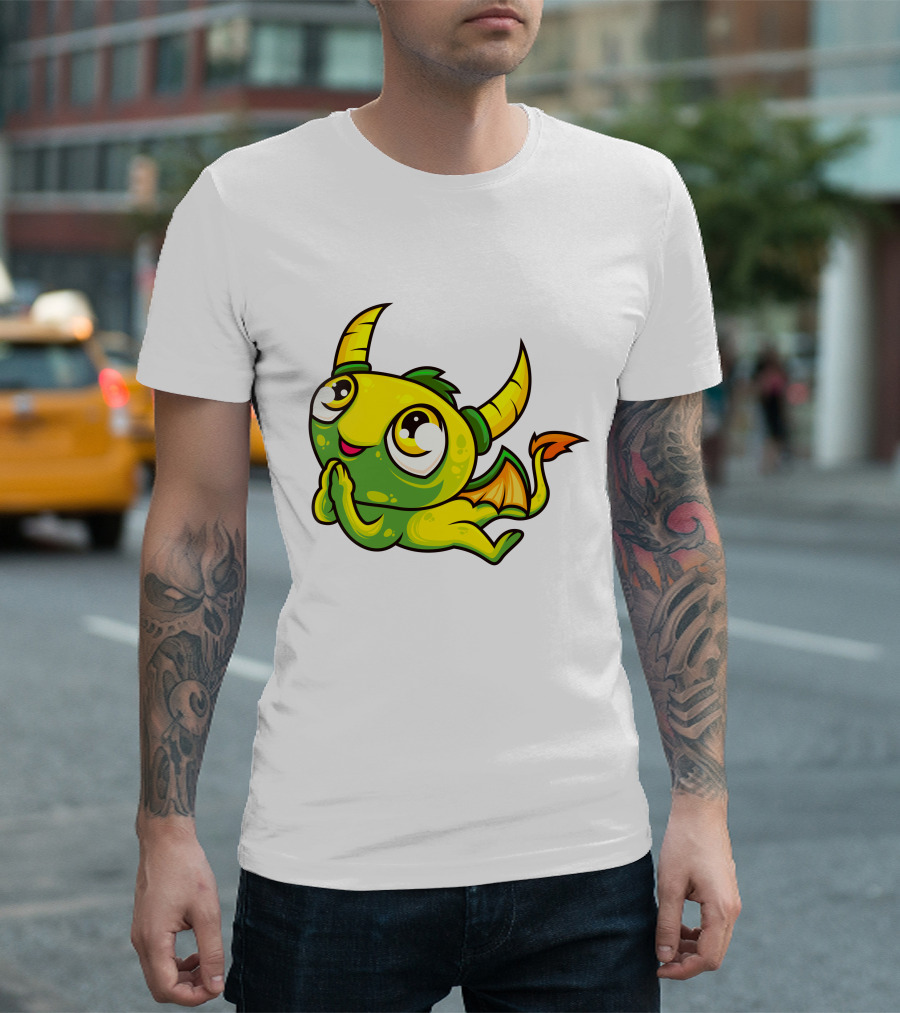 Cute Dragon Wishing Adorable Green and Yellow Horned Fantasy Character T-Shirt