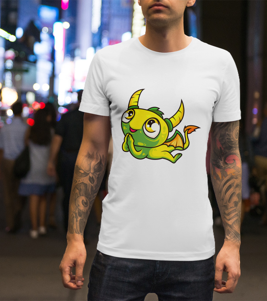 Cute Dragon Wishing Adorable Green And Yellow Horned Fantasy Character T-Shirt