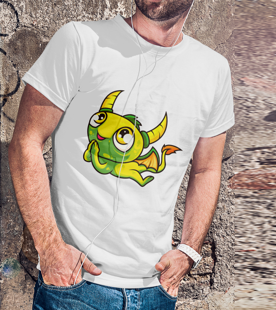 Cute Dragon Wishing Adorable Green And Yellow Horned Fantasy Character T-Shirt