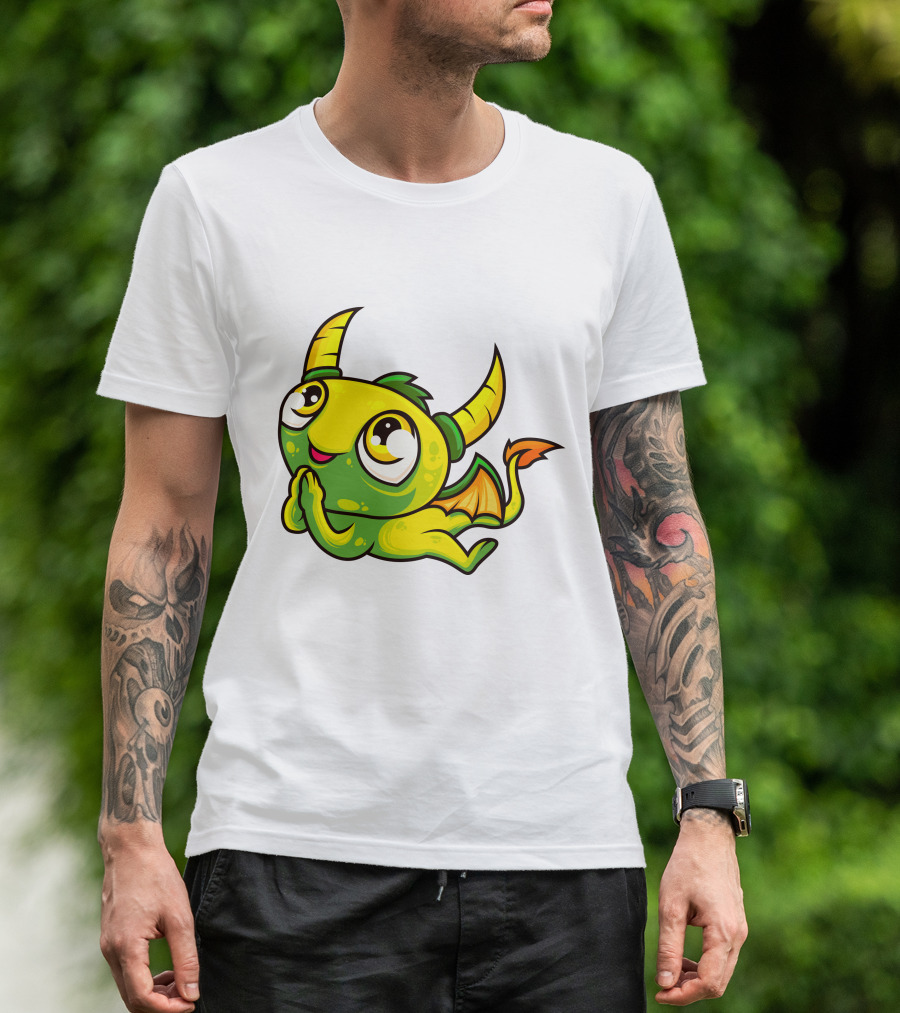 Cute Dragon Wishing Adorable Green And Yellow Horned Fantasy Character T-Shirt