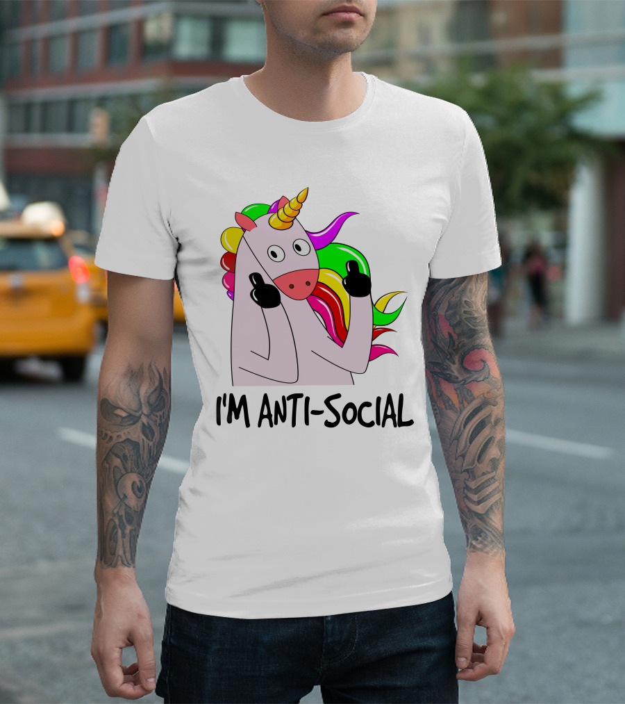 I'm Anti-Social Unicorn Colorful Rainbow Mane Black Gloves T-Shirt