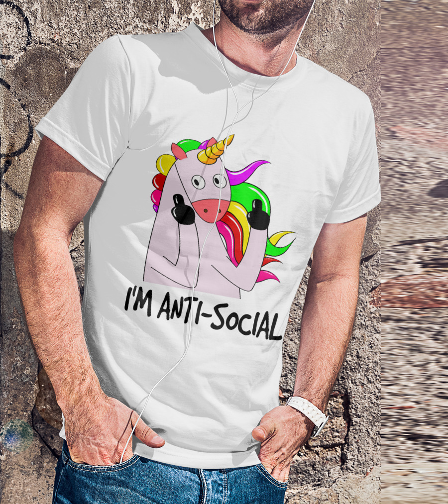 I'm Anti-Social Unicorn Colorful Rainbow Mane Black Gloves T-Shirt