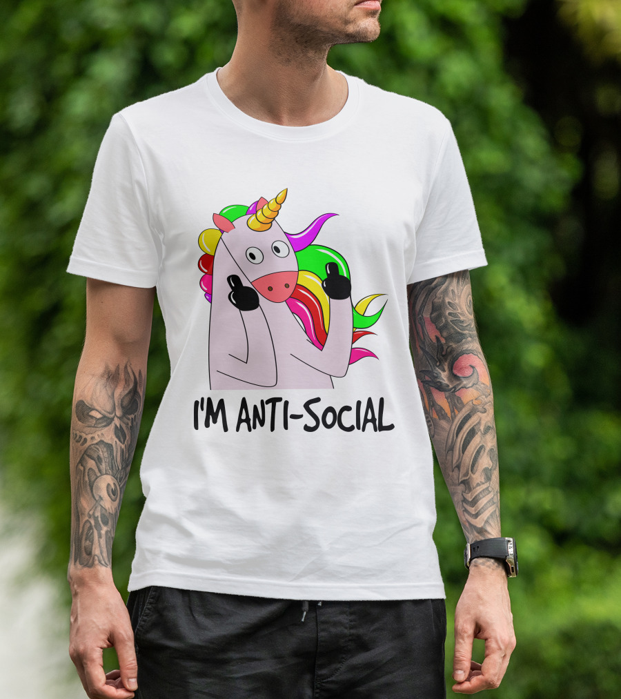 I'm Anti-Social Unicorn Colorful Rainbow Mane Black Gloves T-Shirt