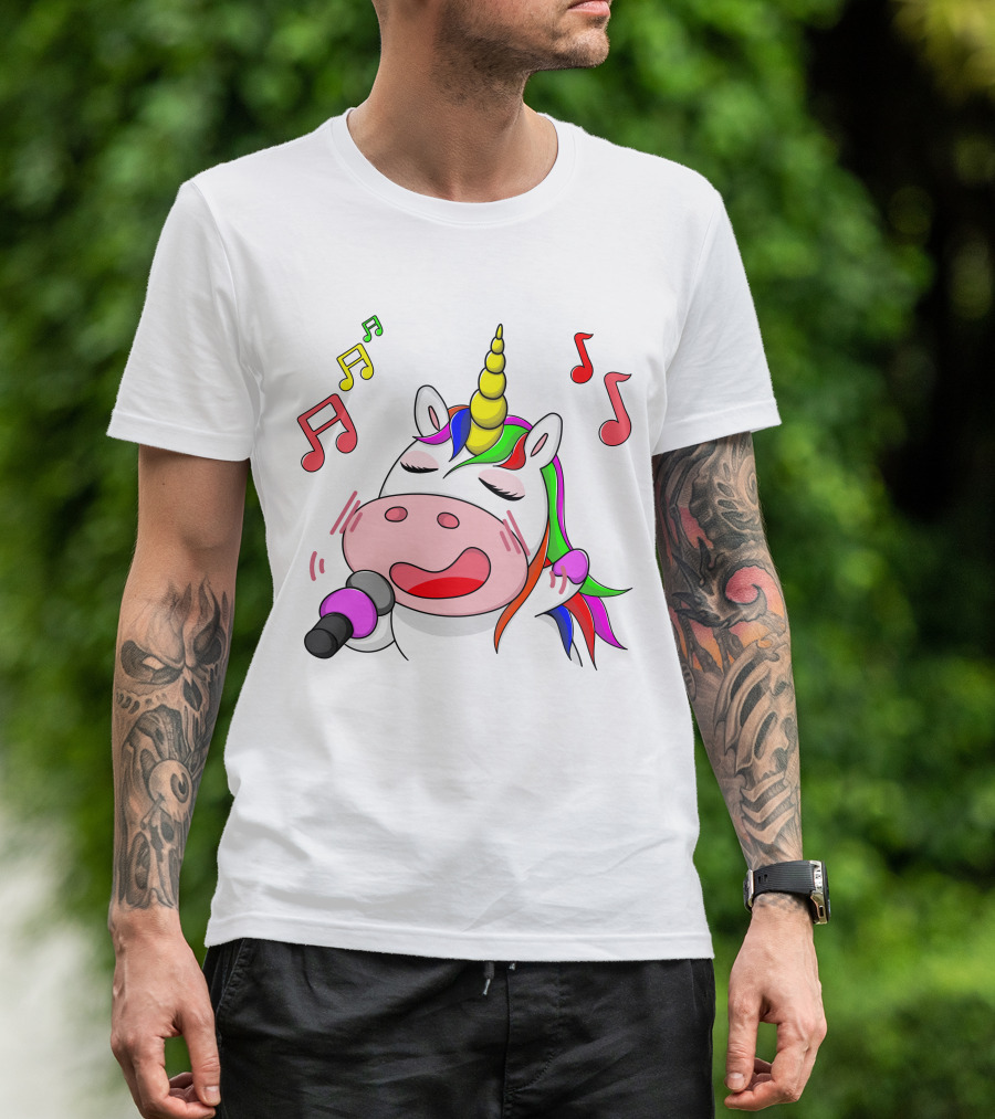 Unicorn Singing With Colorful Microphone And Musical Notes T-Shirt