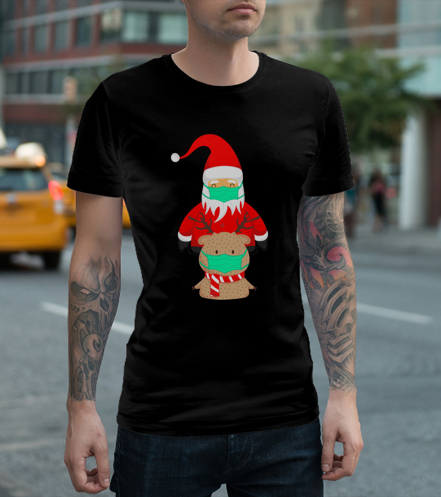 Santa Claus And Reindeer Wearing Masks T-Shirt