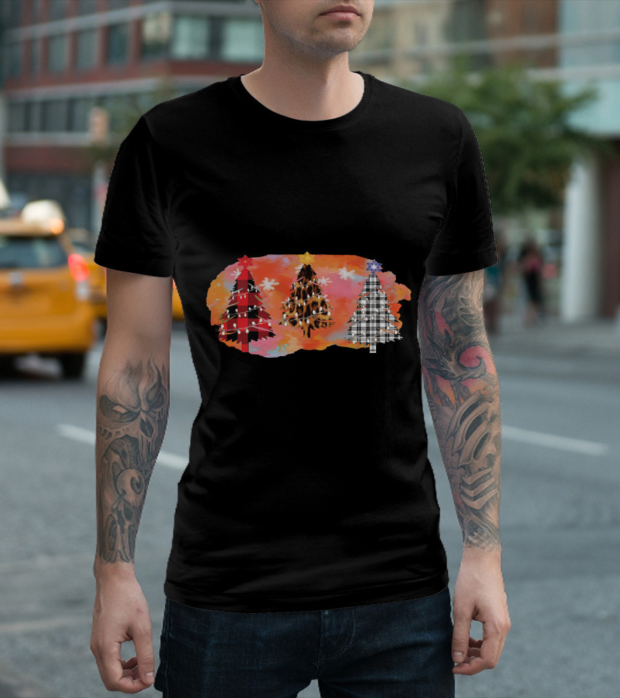 Plaid and Lights Christmas Trees with Stars on Watercolor Background T-Shirt