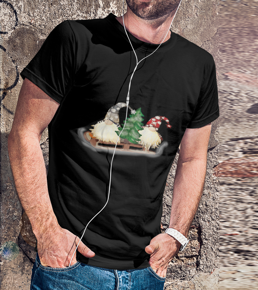 Gnomes On Sleigh With Christmas Tree And Snowflake Hats T-Shirt