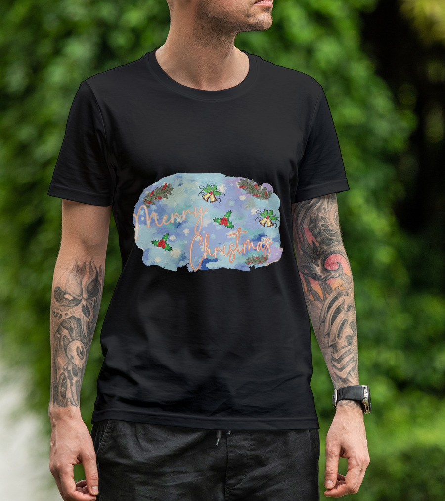Merry Christmas Watercolor Holly And Bells T-Shirt