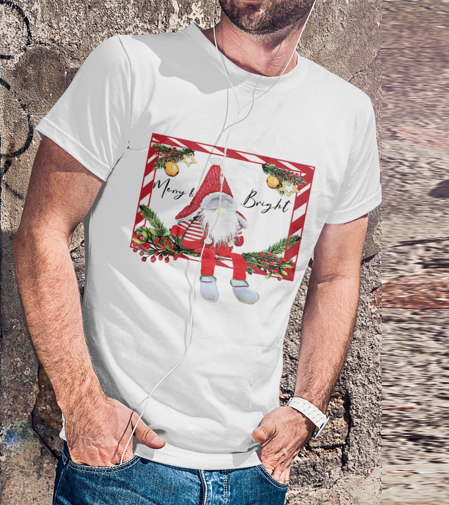 Merry And Bright Gnome Candy Cane Christmas Holiday T-Shirt