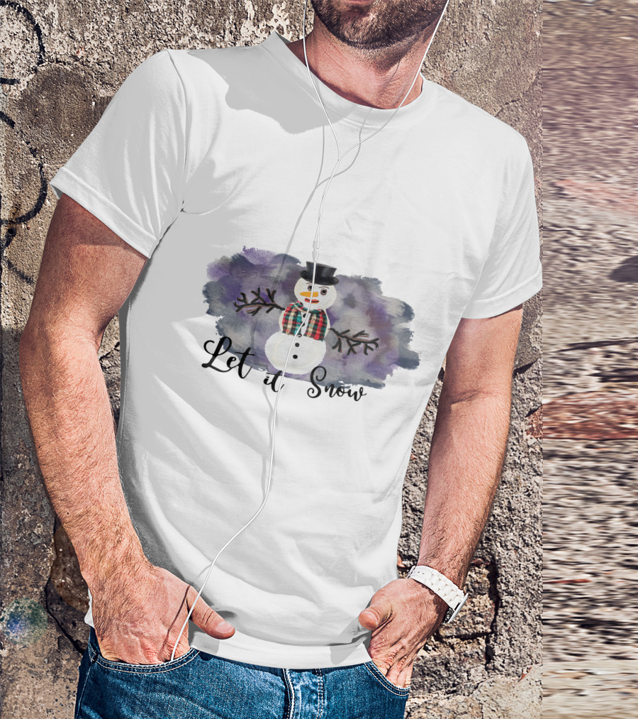 Let It Snow Hand Drawn Snowman Plaid Scarf Top Hat T-Shirt