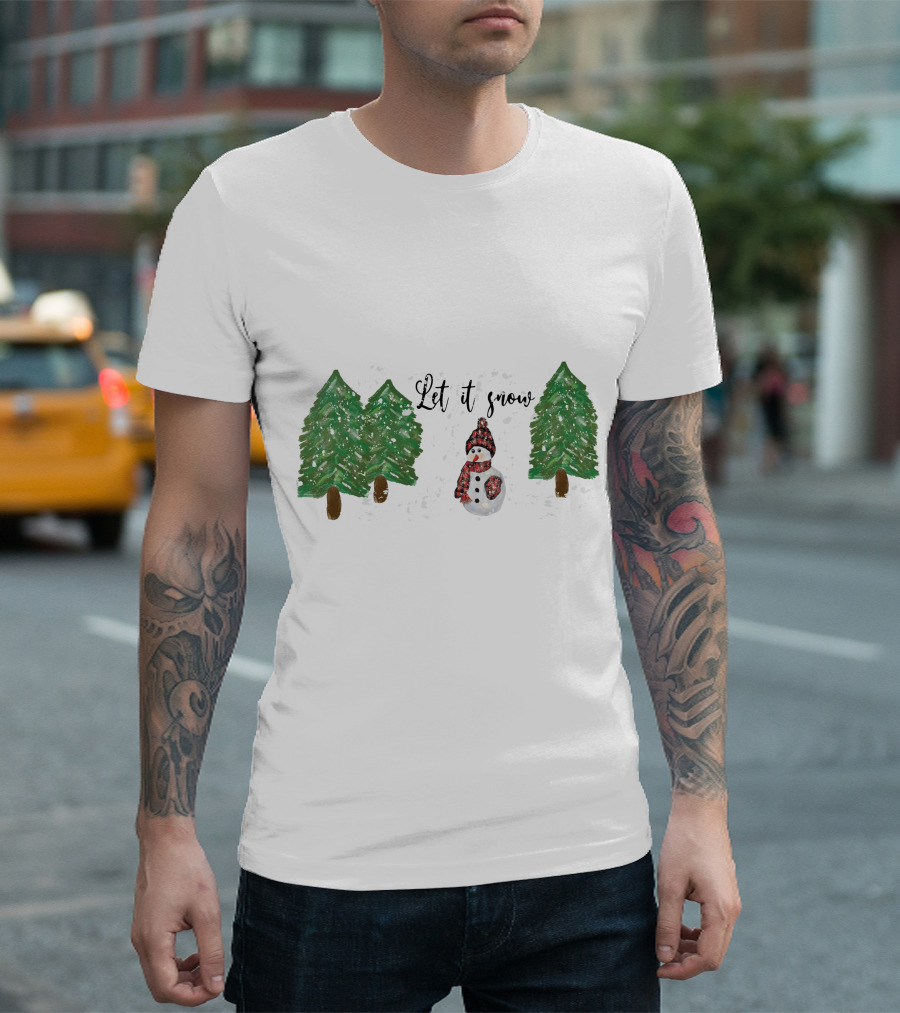 Let It Snow Watercolor Snowman and Pine Trees T-Shirt