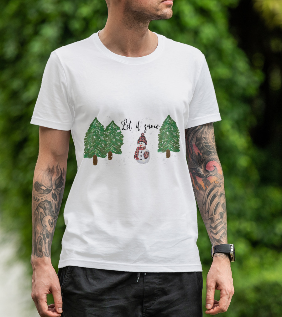 Let It Snow Watercolor Snowman And Pine Trees T-Shirt