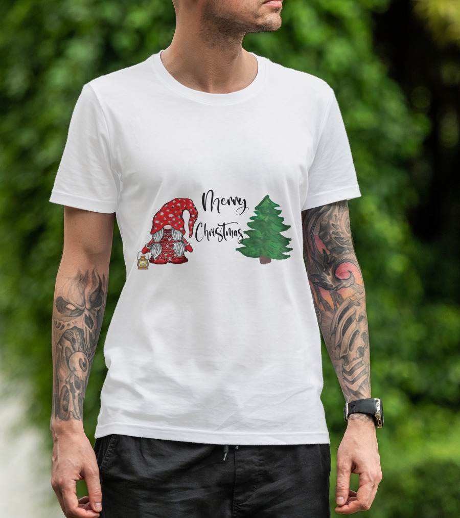 Merry Christmas Gnome With Lantern And Pine Tree T-Shirt