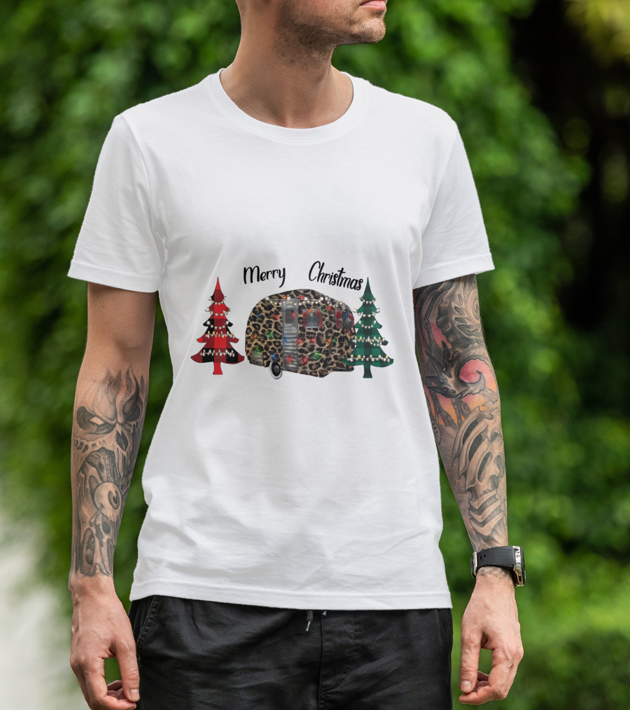 Merry Christmas Leopard Trailer With Festive Trees T-Shirt