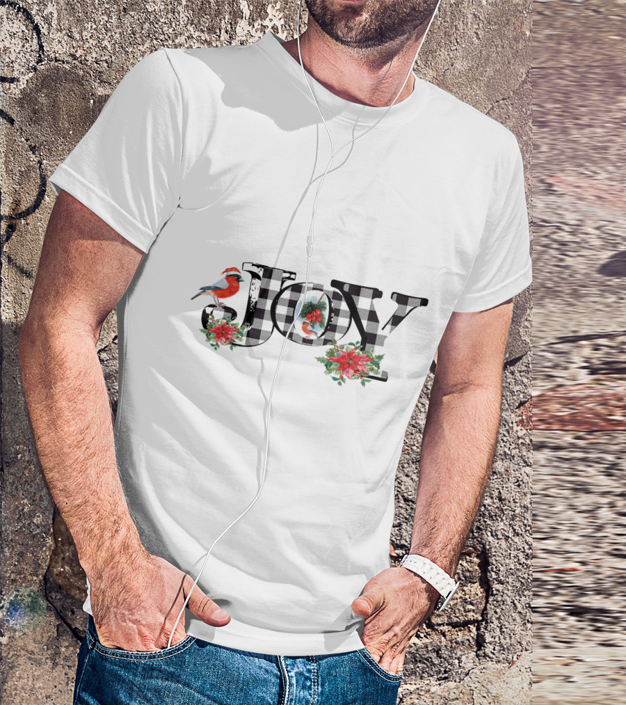 Plaid Joy Cardinal Poinsettia Christmas T-Shirt