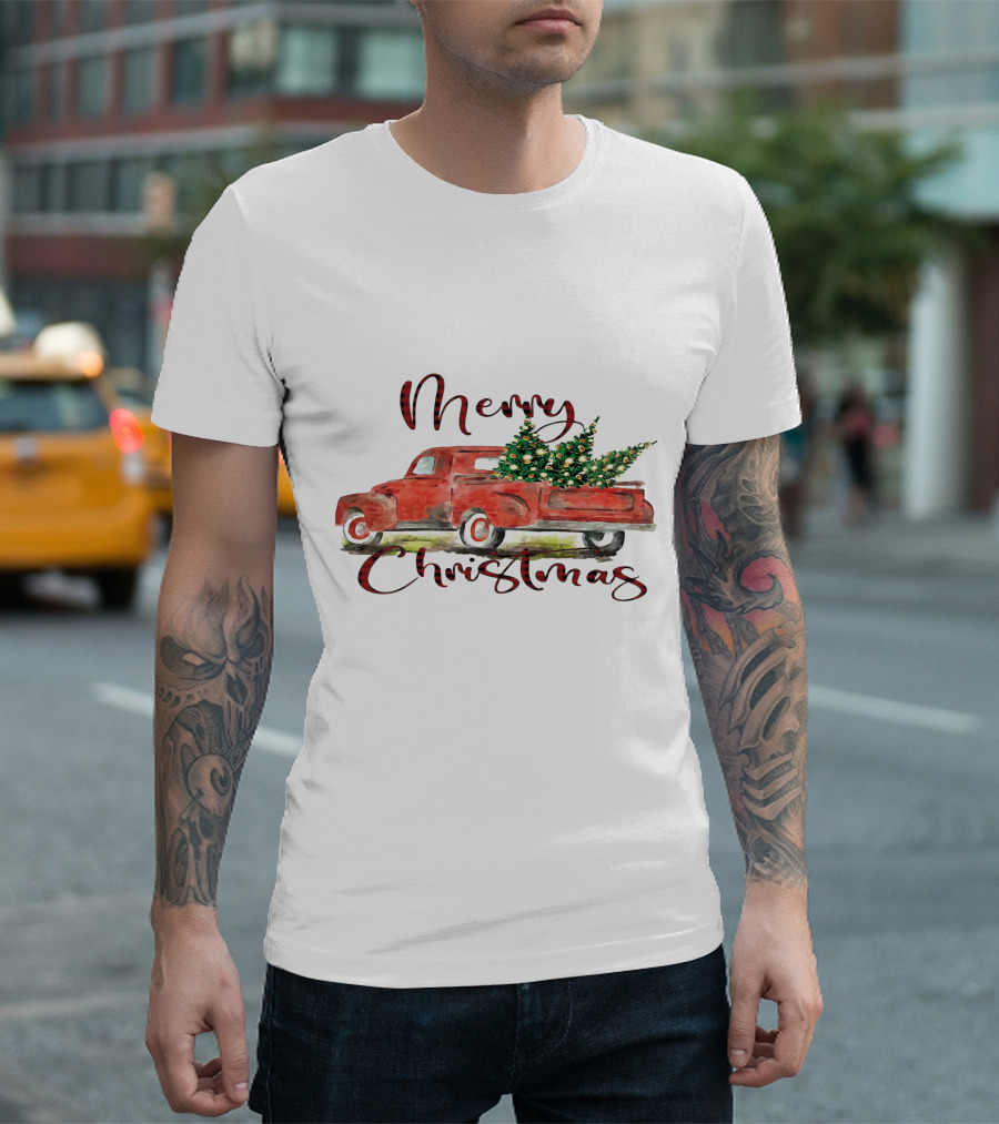 Merry Christmas Red Truck with Festive Tree T-Shirt