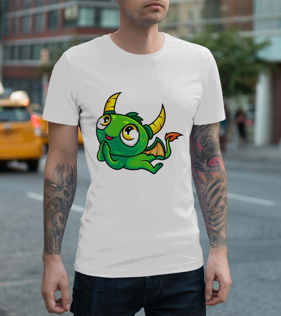 Cute Green Dragon Kawaii Cartoon Character with Horns and Wings T-Shirt