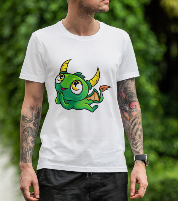 Cute Green Dragon Kawaii Cartoon Character With Horns And Wings T-Shirt