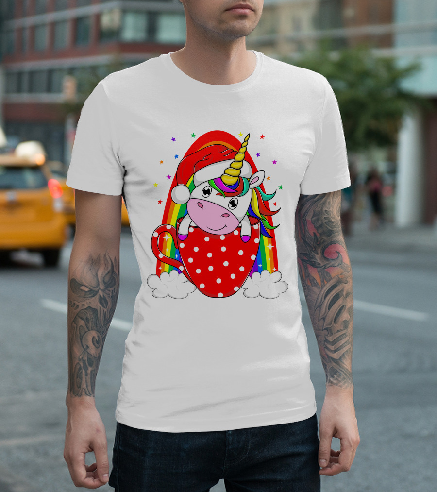 Unicorn in Santa Hat with Rainbow and Red Polka Dot Cup T-Shirt