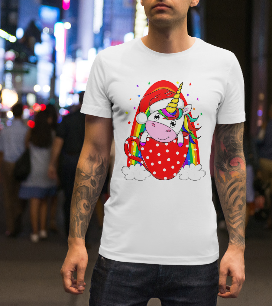 Unicorn In Santa Hat With Rainbow And Red Polka Dot Cup T-Shirt