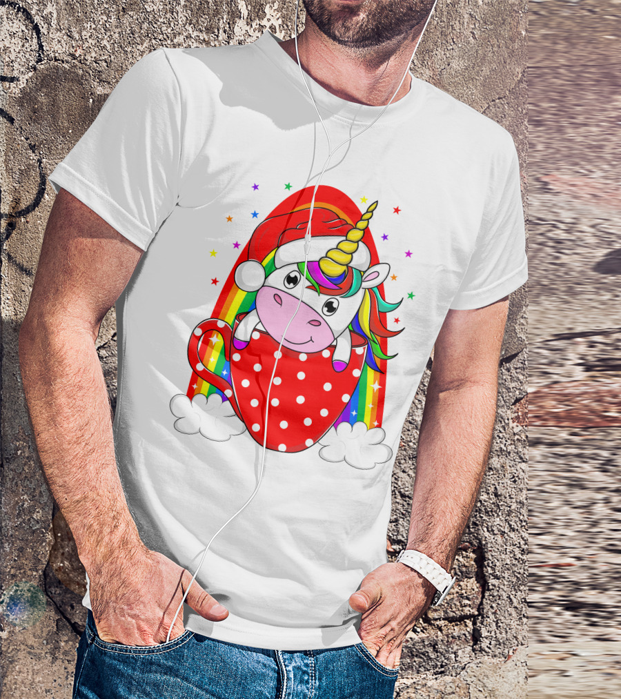 Unicorn In Santa Hat With Rainbow And Red Polka Dot Cup T-Shirt