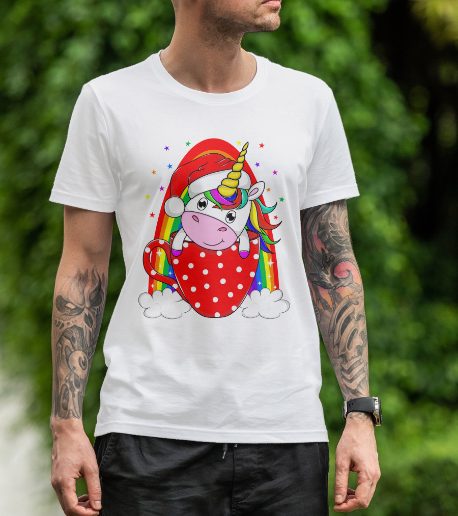 Unicorn In Santa Hat With Rainbow And Red Polka Dot Cup T-Shirt