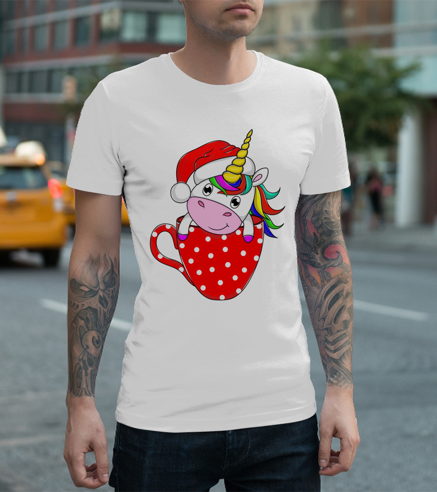 Santa Hat Unicorn In Polka Dot Red Cup T-Shirt