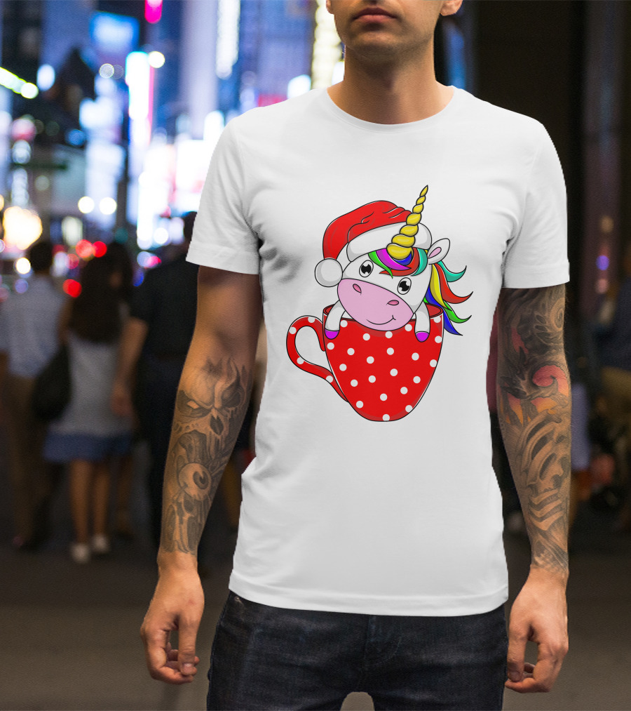 Santa Hat Unicorn In Polka Dot Red Cup T-Shirt