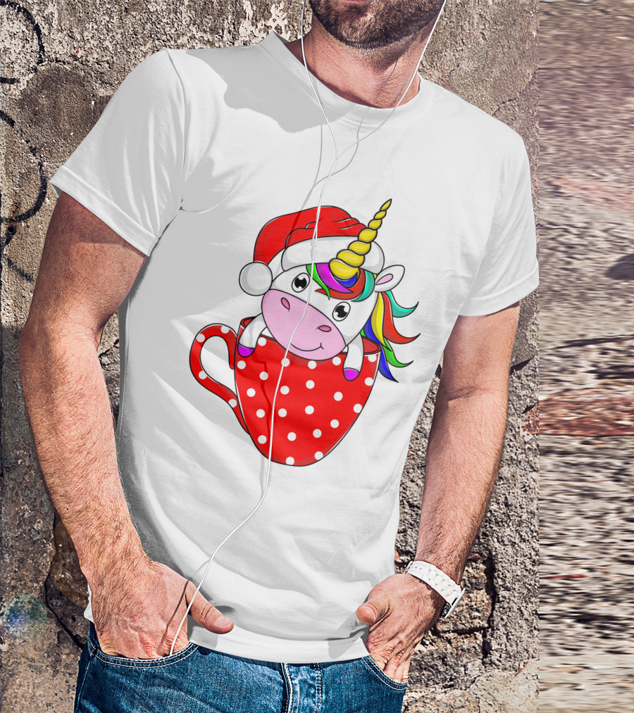 Santa Hat Unicorn In Polka Dot Red Cup T-Shirt