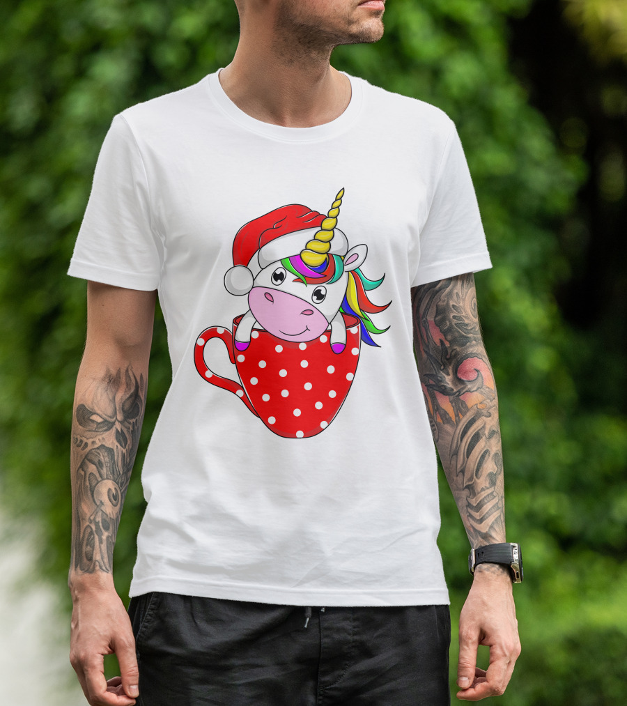 Santa Hat Unicorn In Polka Dot Red Cup T-Shirt