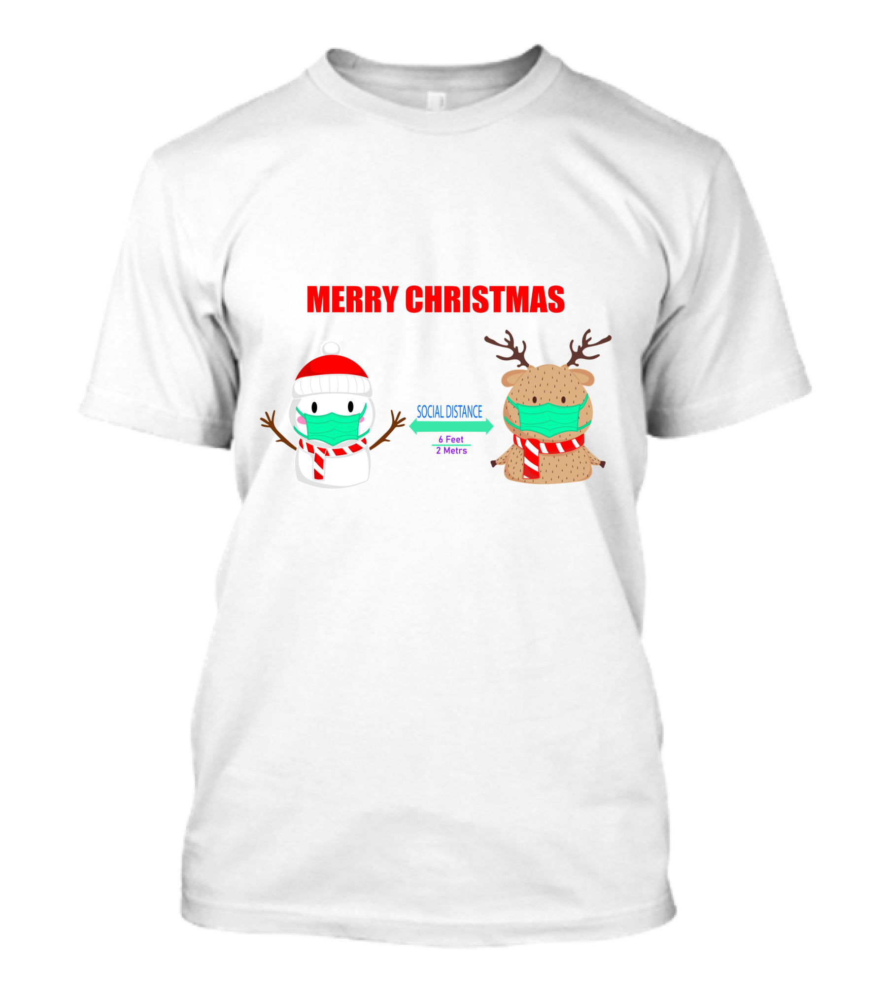 Merry Christmas Social Distance Snowman And Deer With Masks 6 Feet 2 Meters T-Shirt