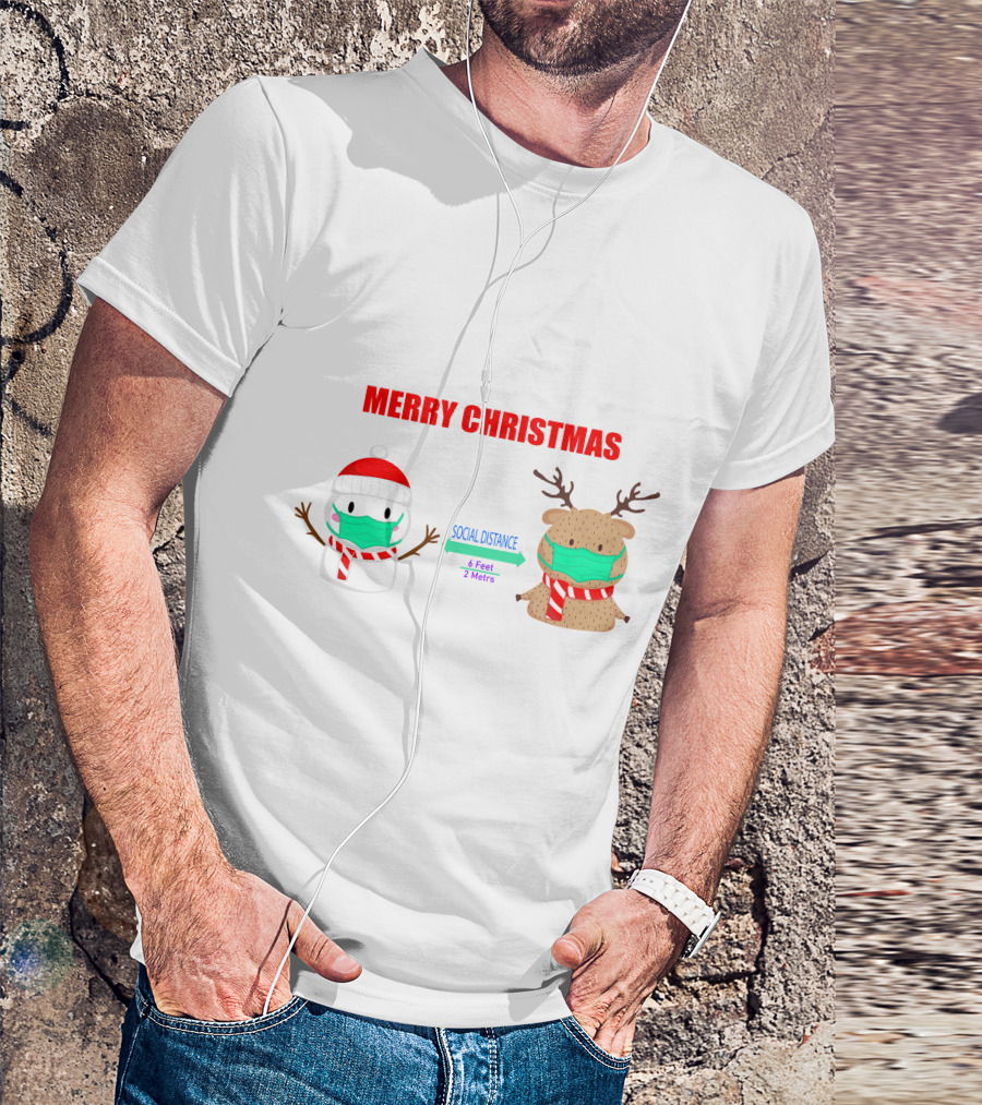 Merry Christmas Social Distance Snowman And Deer With Masks 6 Feet 2 Meters T-Shirt