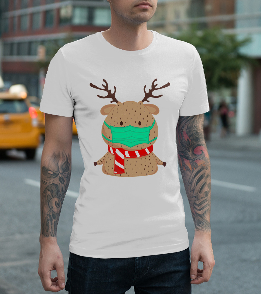 Reindeer Wearing Green Face Mask and Red White Scarf T-Shirt