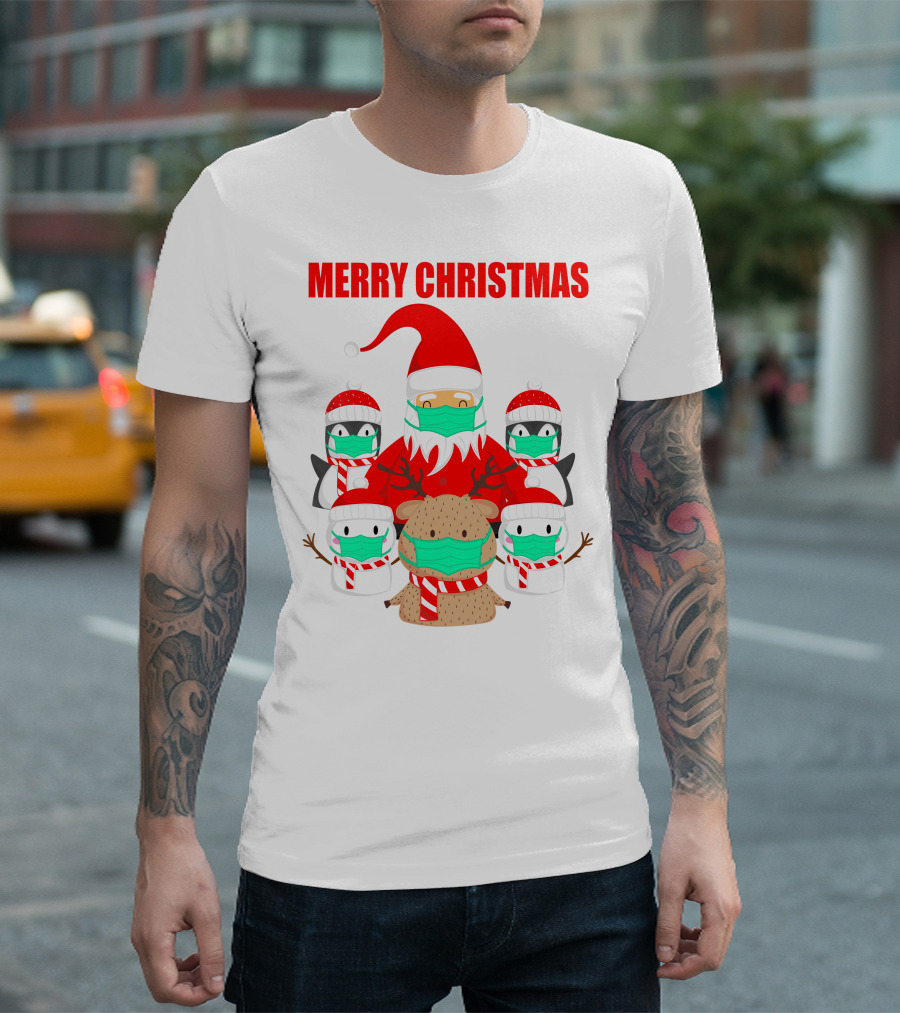 Merry Christmas Santa Deer Penguin Social Distance T-Shirt