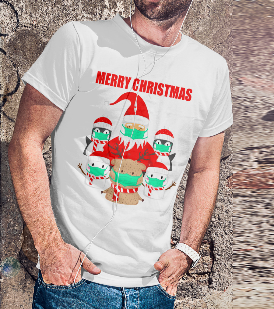 Merry Christmas Santa Deer Penguin Social Distance T-Shirt