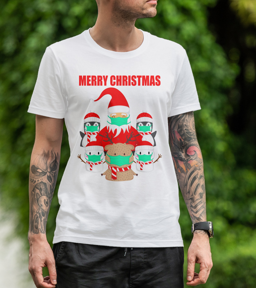 Merry Christmas Santa Deer Penguin Social Distance T-Shirt