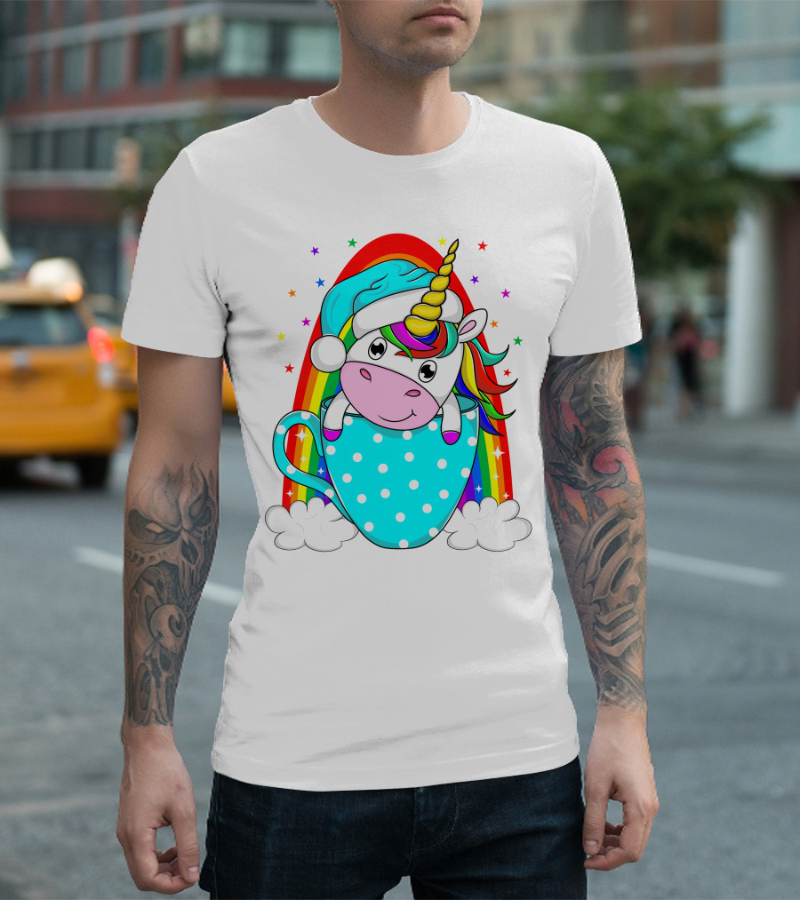Unicorn in Polka Dot Blue Cup with Rainbow and Stars T-Shirt