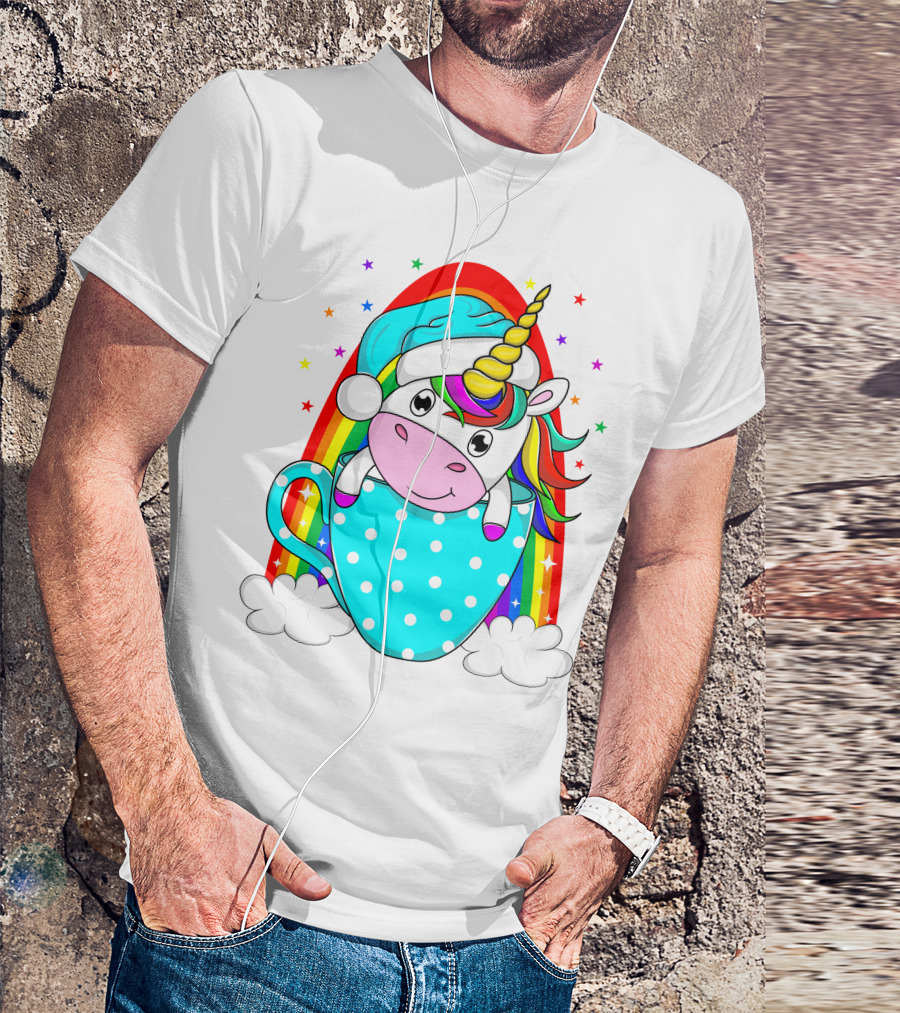 Unicorn In Polka Dot Blue Cup With Rainbow And Stars T-Shirt