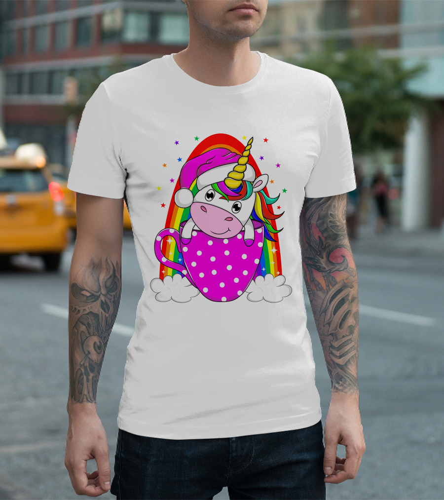 Unicorn Rainbow Santa in Pink Polka Dot Cup T-Shirt