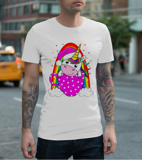 Unicorn Rainbow Santa In Pink Polka Dot Cup T-Shirt