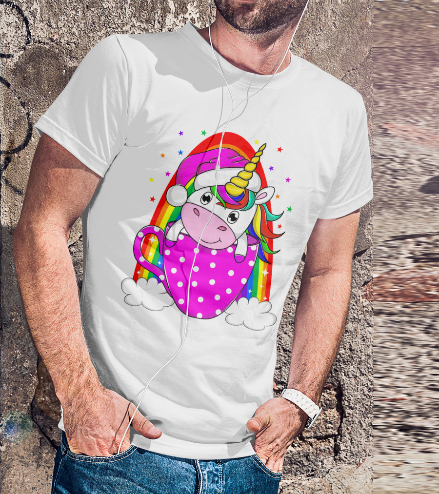Unicorn Rainbow Santa In Pink Polka Dot Cup T-Shirt