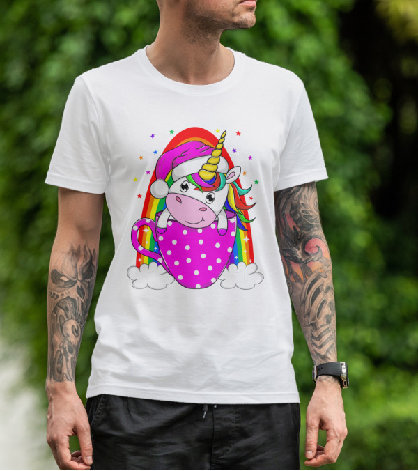 Unicorn Rainbow Santa In Pink Polka Dot Cup T-Shirt