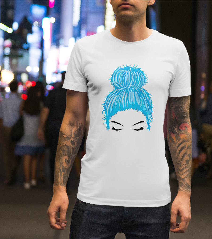 Messy Bun Blue Hair Momlife Trendy Hairstyle Sketch T-Shirt