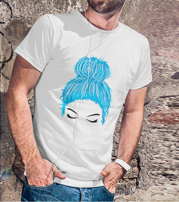 Messy Bun Blue Hair Momlife Trendy Hairstyle Sketch T-Shirt