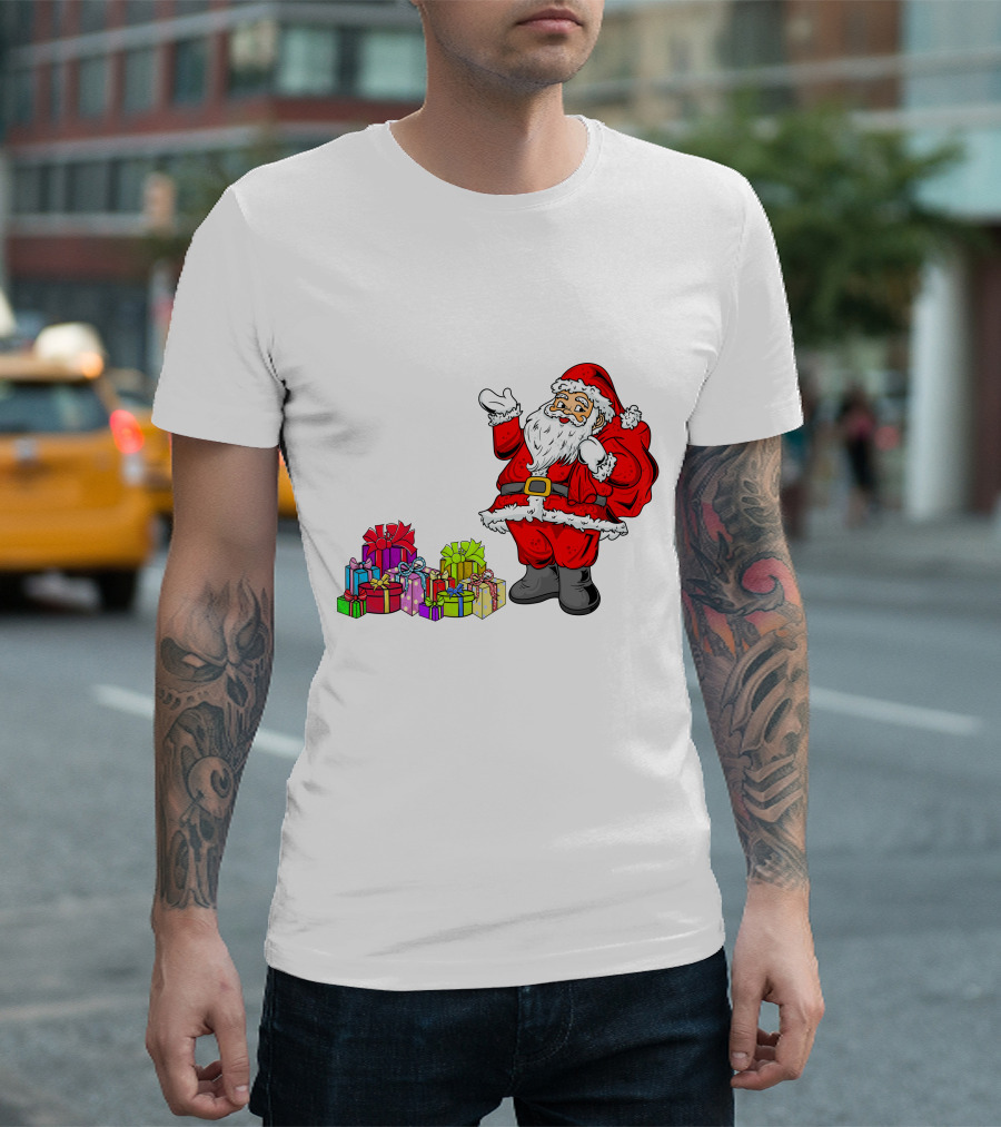 Santa Claus Joyfully Delivering Colorful Presents T-Shirt