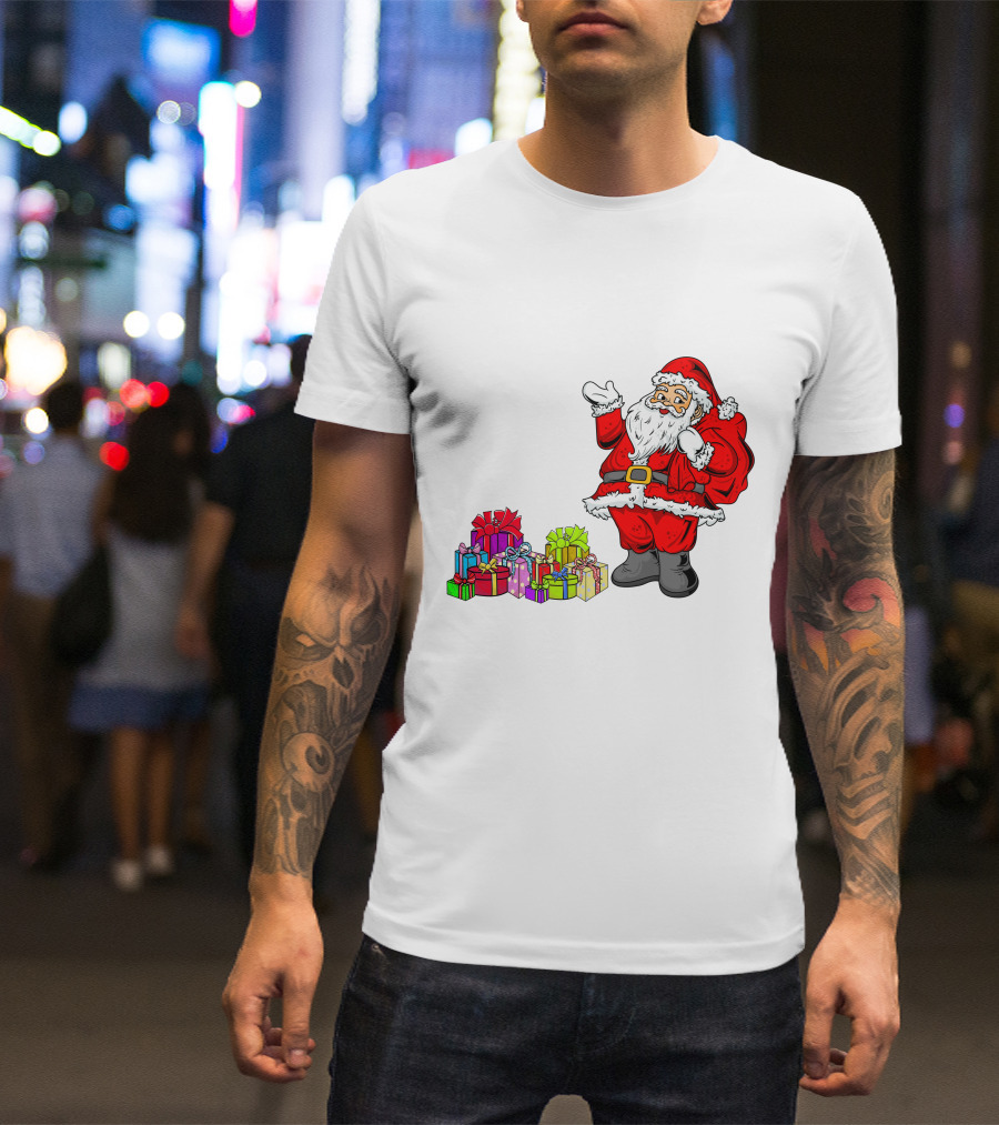 Santa Claus Joyfully Delivering Colorful Presents T-Shirt