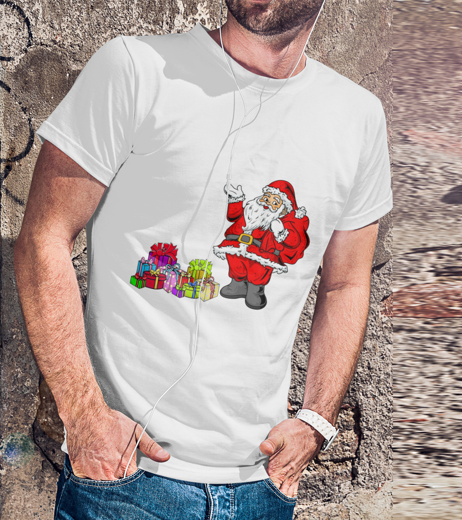 Santa Claus Joyfully Delivering Colorful Presents T-Shirt